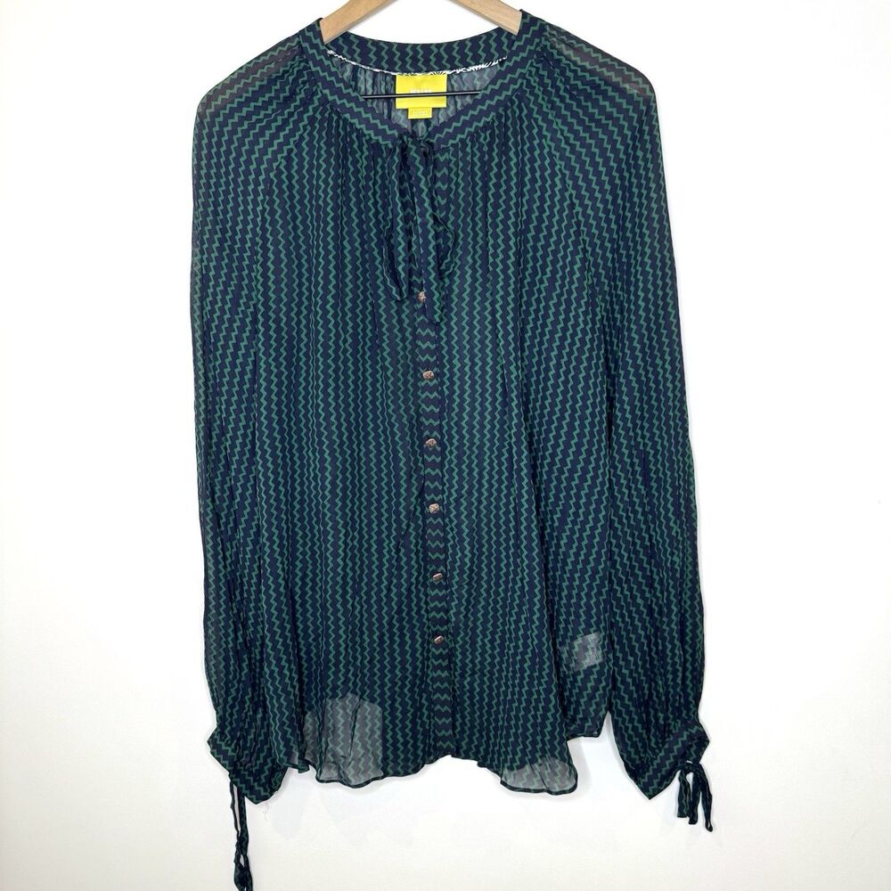 Maeve Women's XL Della Zig Zag Blouse Top Tie Neck Top Green Black Sheer Viscose